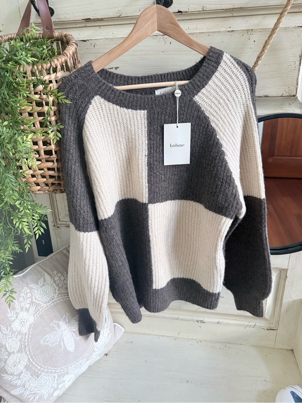 Bohme Chunky Colorblock Knit Sweater in Cream & Charcoal/brown